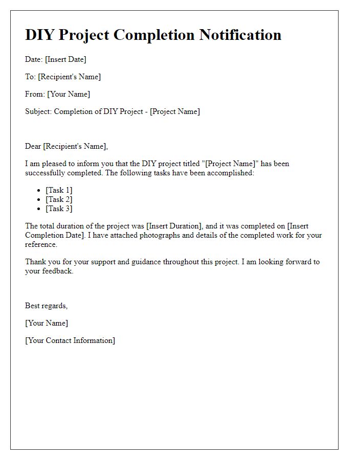 Letter template of DIY project completion notification