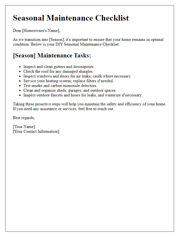 Letter template of DIY seasonal maintenance checklist