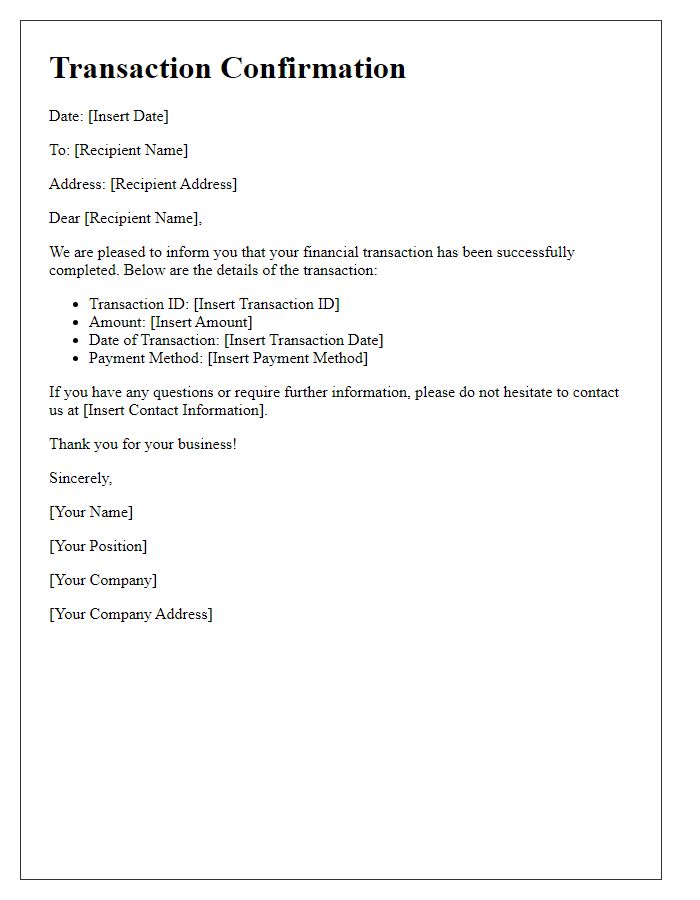 Letter template of confirmation for financial transaction completion