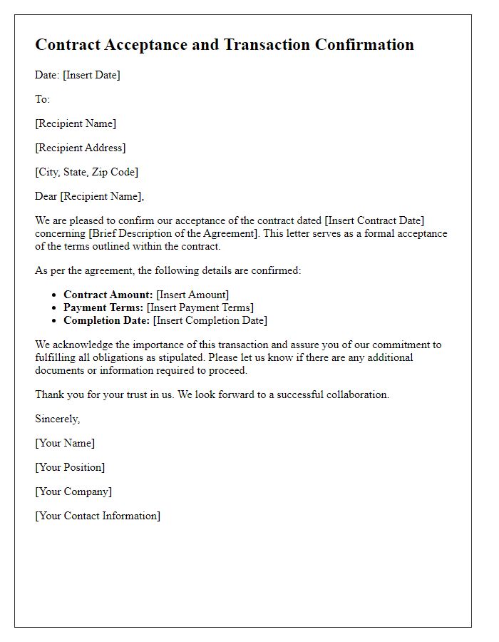 Letter template of contract acceptance and transaction confirmation