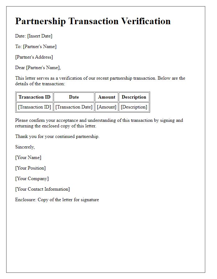 Letter template of partnership transaction verification