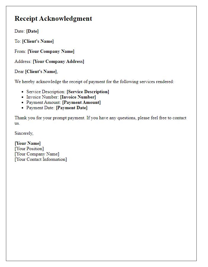 Letter template of receipt acknowledgment for business services