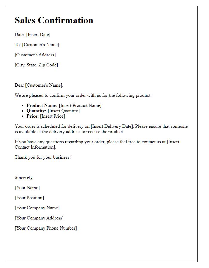 Letter template of sales confirmation for product delivery