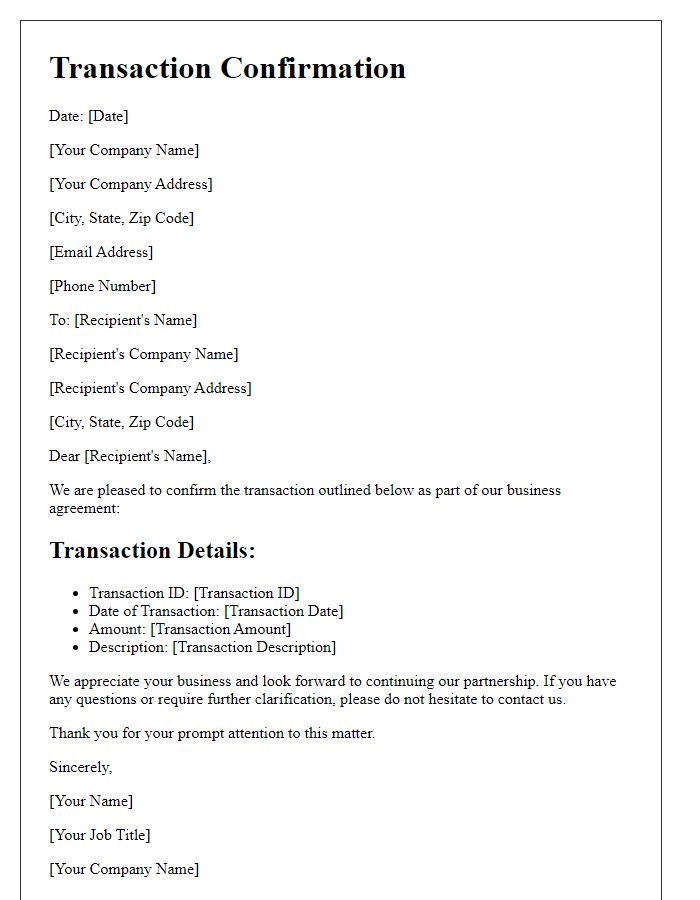 Letter template of transaction confirmation for business agreement