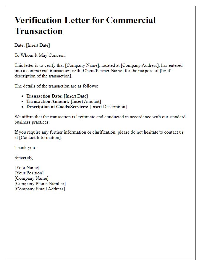 Letter template of verification for commercial transaction