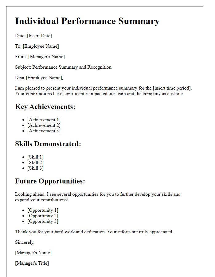 Letter template of individual performance summary for recognition