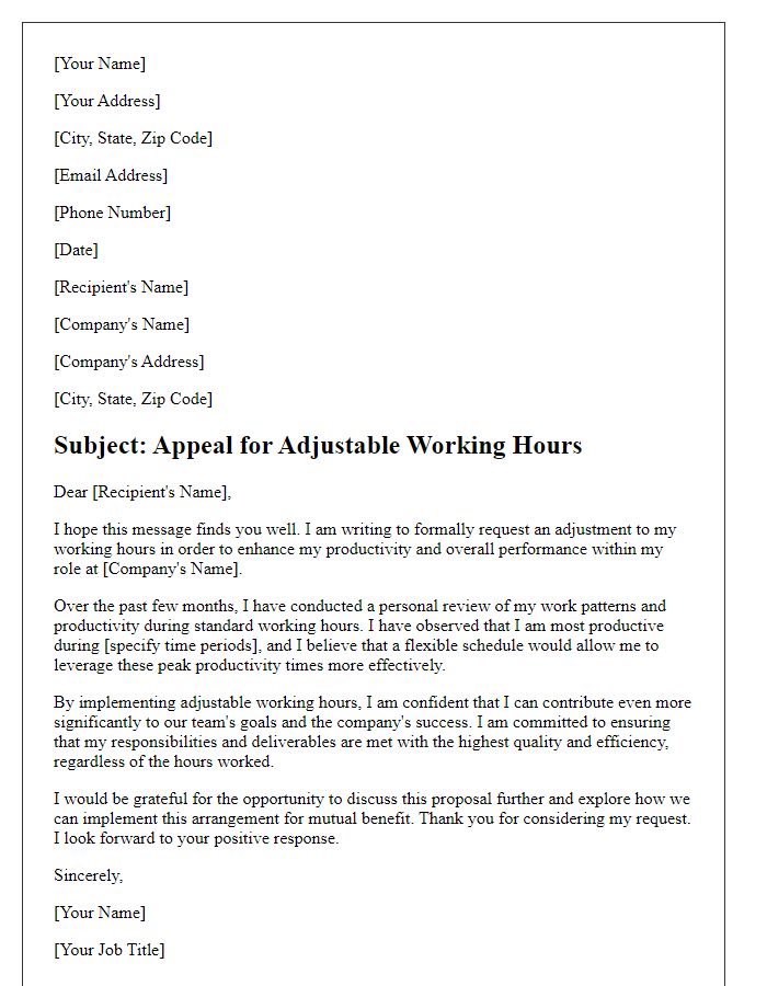 Letter template of appeal for adjustable working hours for enhanced productivity.