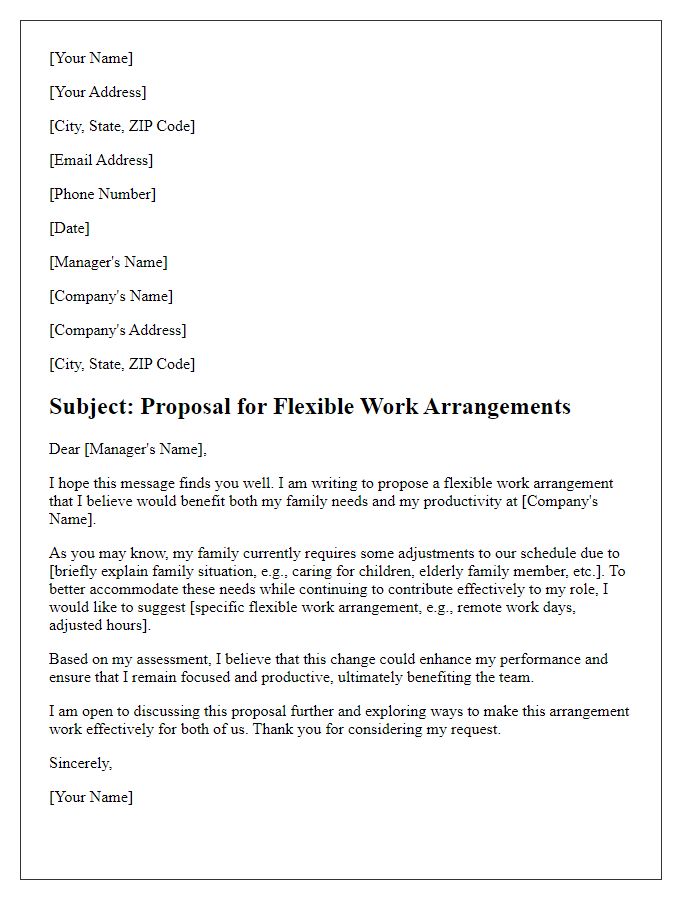 Letter template of proposal for flexible work arrangements to accommodate family needs.