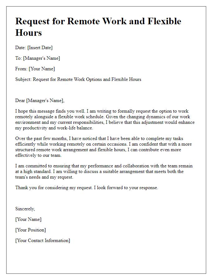 Letter template of request for remote work options alongside flexible hours.