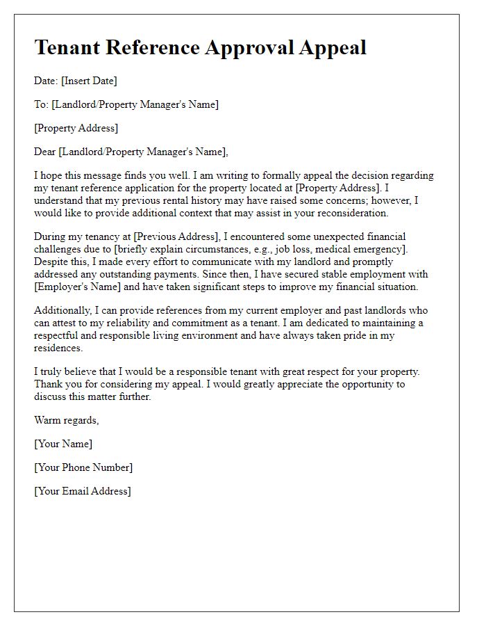 Letter template of personalized appeal for tenant reference approval.