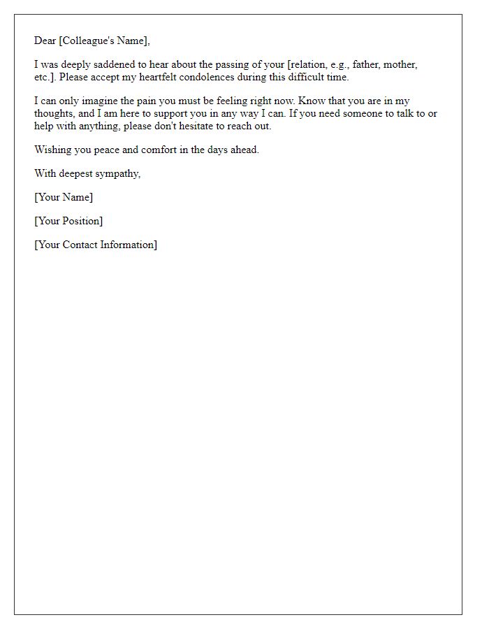 Letter template of condolence for a colleague's bereavement
