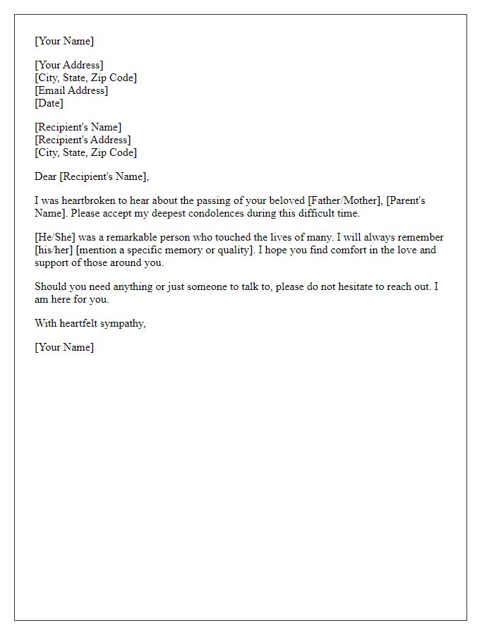 Letter template of condolence for the death of a parent