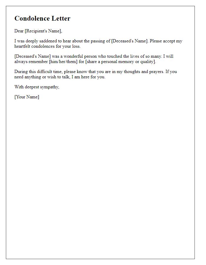 Letter template of condolence for a loved one's funeral