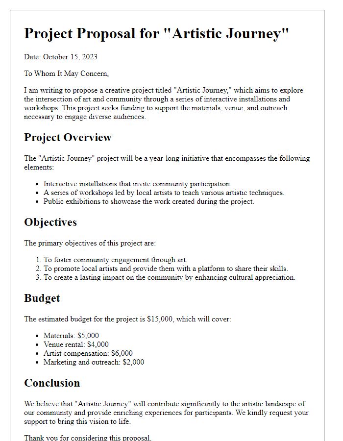 Letter template of creative project proposal for artistic funding