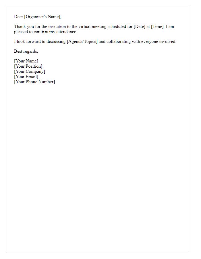 Letter template of acceptance for a virtual meeting invitation