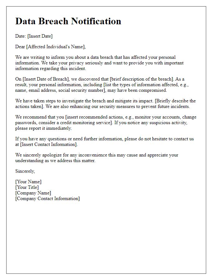 Letter template of Data Breach Notification for Affected Individuals