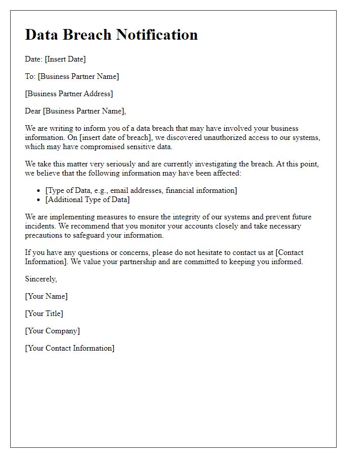 Letter template of Data Breach Notification for Business Partners