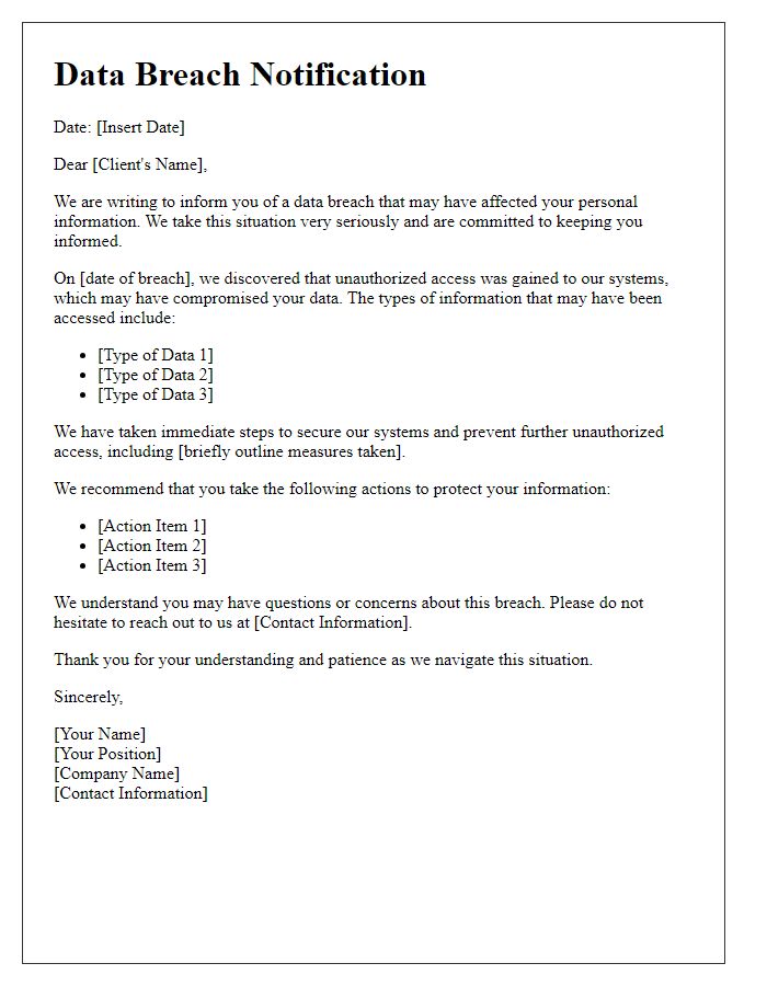 Letter template of Data Breach Notification for Client Communication