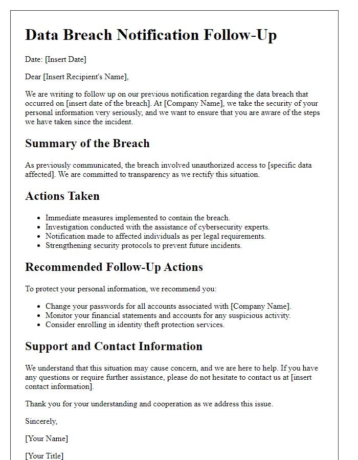 Letter template of Data Breach Notification for Follow-Up Actions