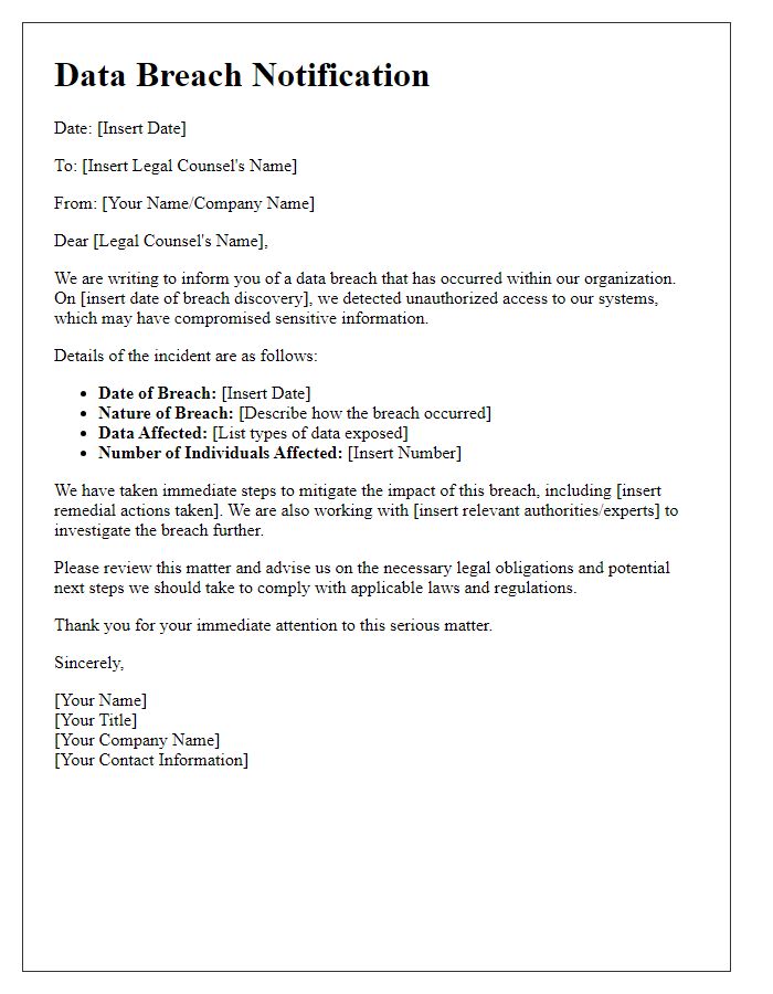 Letter template of Data Breach Notification for Legal Counsel