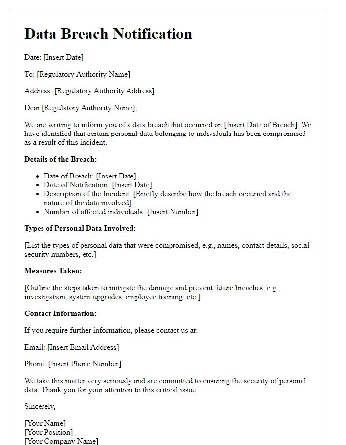 Letter template of Data Breach Notification for Regulatory Authorities