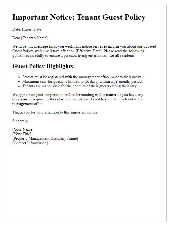 Letter template of Important Notice: Tenant Guest Policy