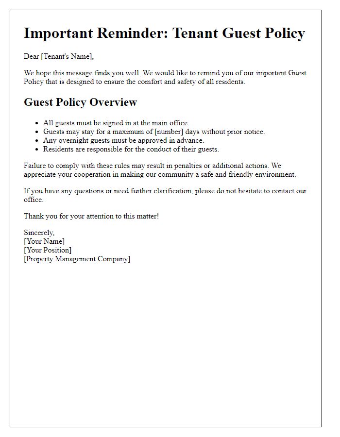 Letter template of Important Tenant Guest Policy Reminder