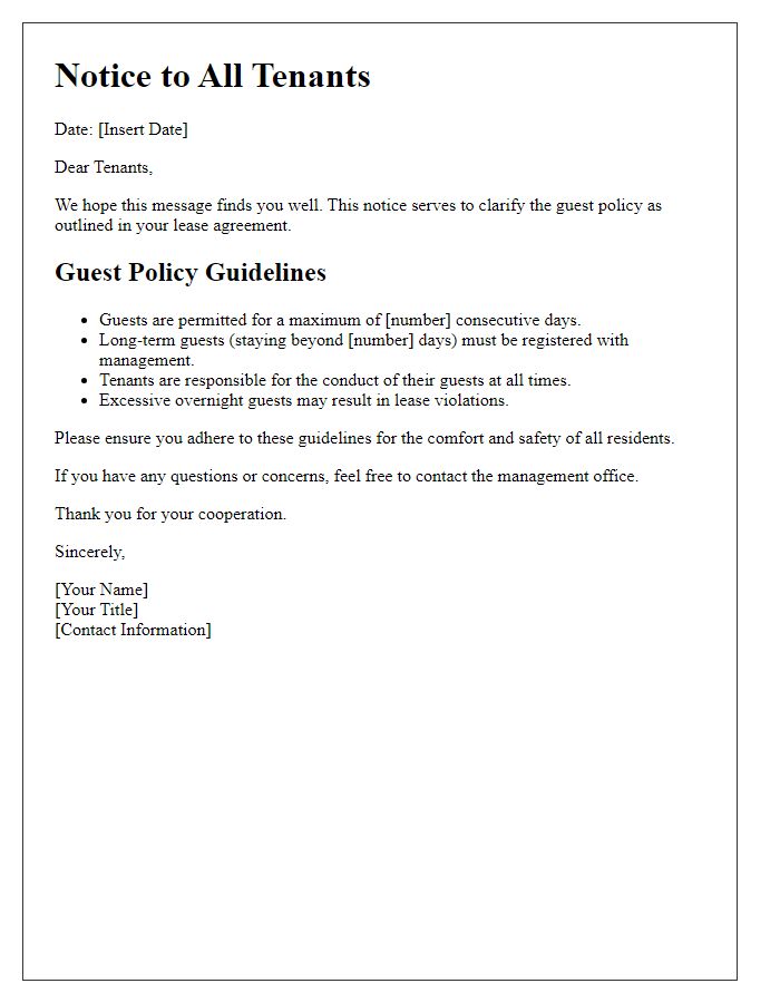 Letter template of Notice to Tenants: Guest Policy Clarification