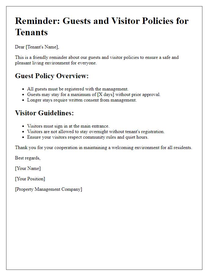 Letter template of Reminder: Guests and Visitor Policies for Tenants