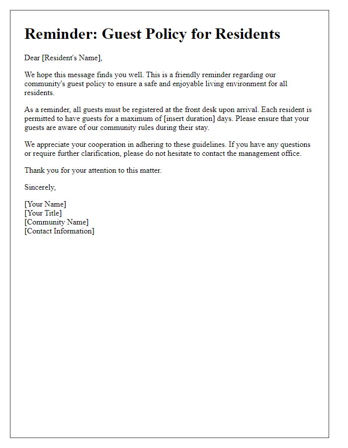 Letter template of Reminder Regarding Guest Policy for Residents