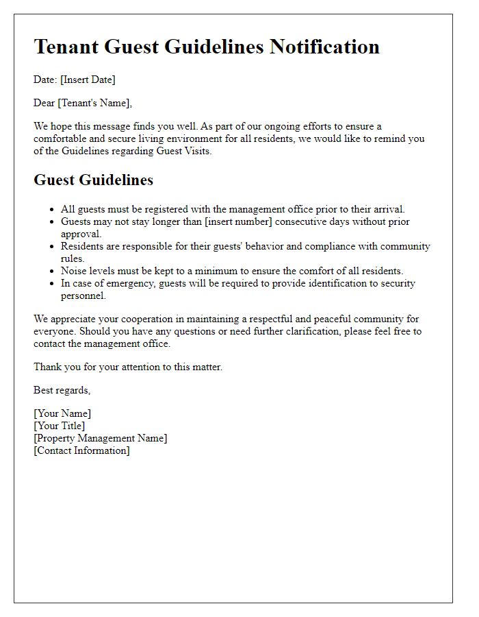 Letter template of Tenant Guest Guidelines Notification