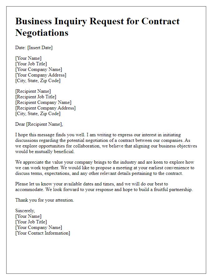 Letter template of business inquiry request for contract negotiations