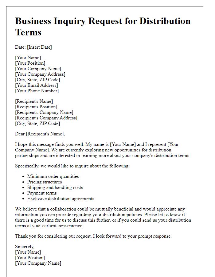 Letter template of business inquiry request for distribution terms