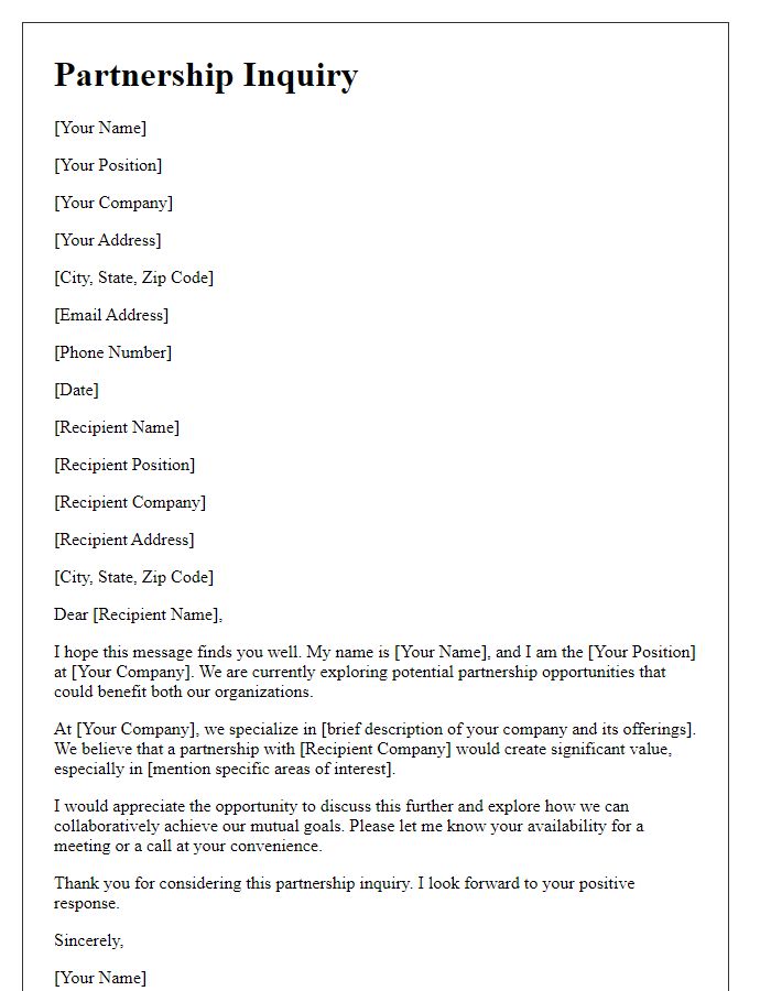 Letter template of business inquiry request for partnership opportunities