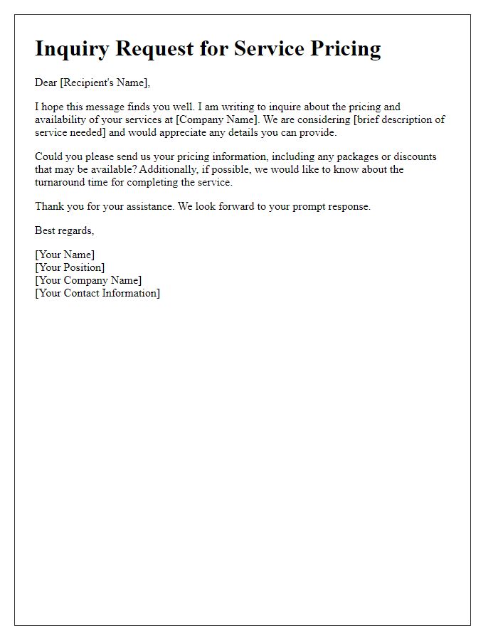 Letter template of business inquiry request for service pricing