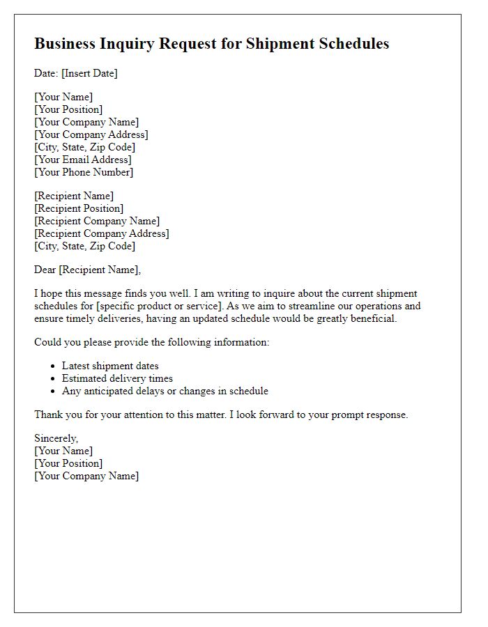 Letter template of business inquiry request for shipment schedules