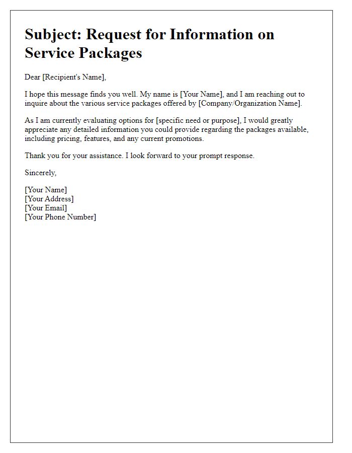 Letter template of appeal for information on service packages.