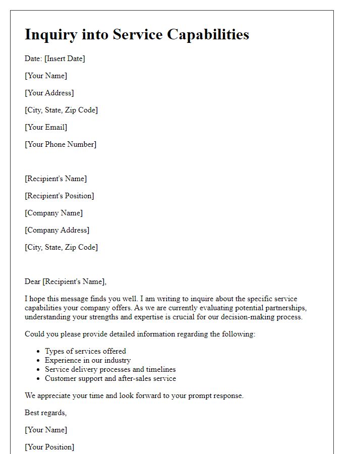 Letter template of inquiry into your specific service capabilities.