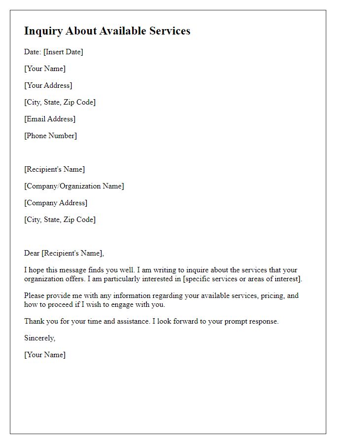 Letter template of inquiry regarding available services.