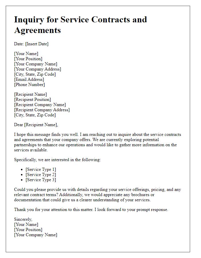 Letter template of inquiry for service contracts and agreements.