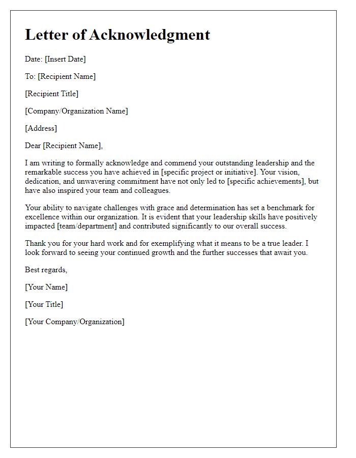 Letter template of acknowledgment for leadership success