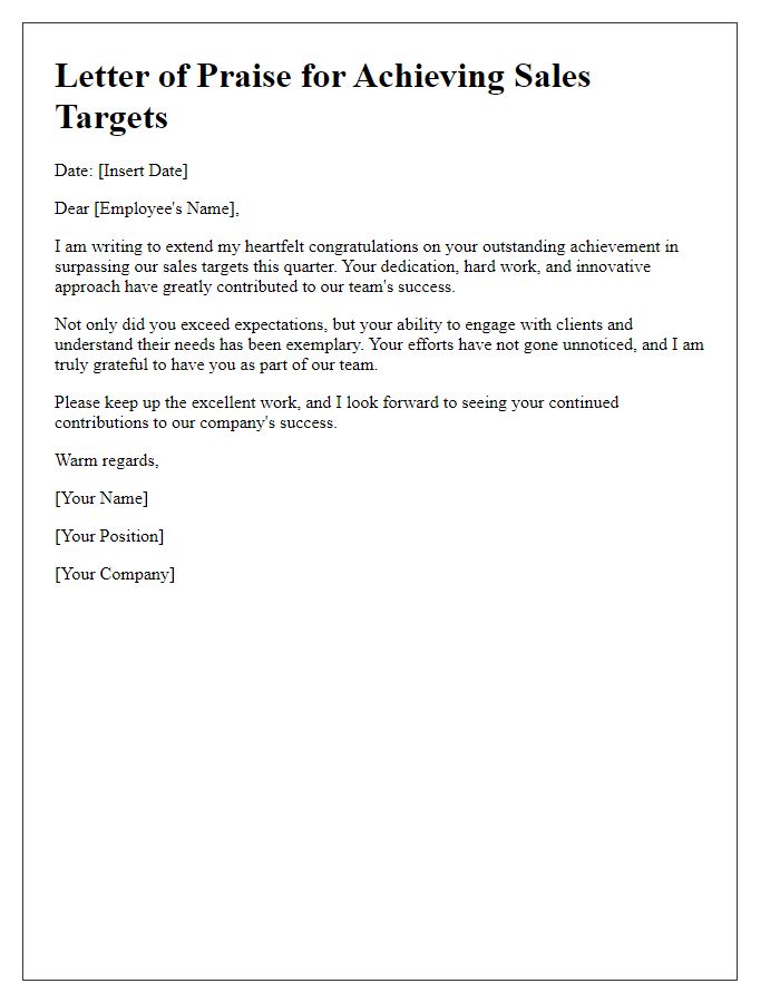 Letter template of praise for achieving sales targets