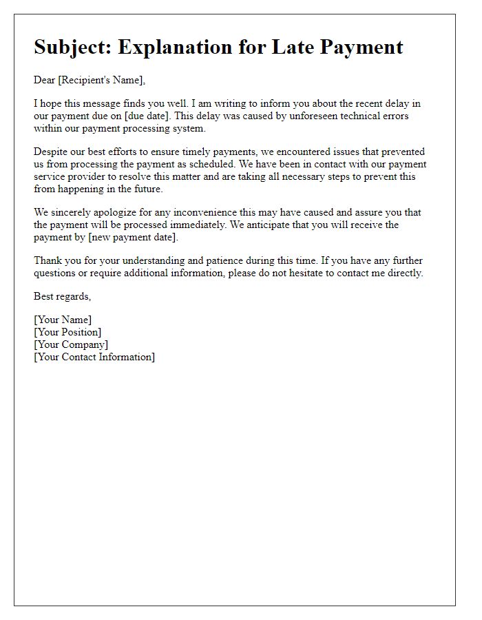 Letter template of late payment explanation caused by technical errors in payment system.