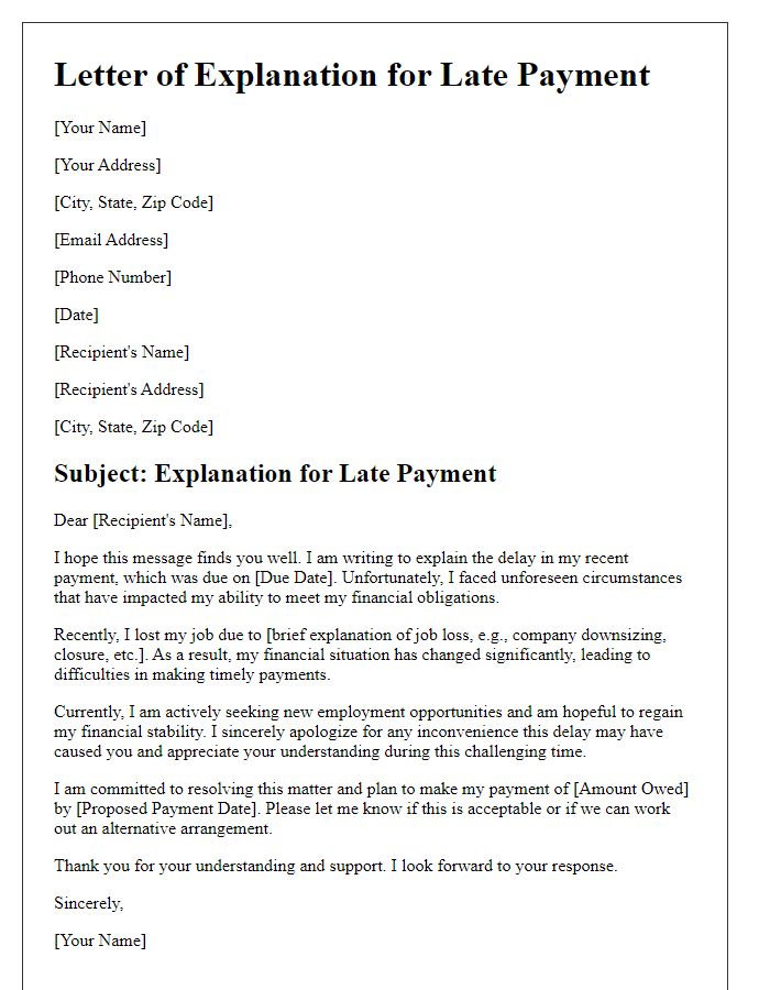 Letter template of late payment explanation owing to job loss.