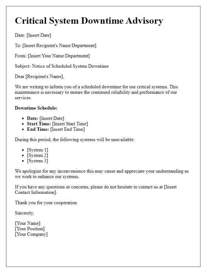 Letter template of critical system downtime advisory