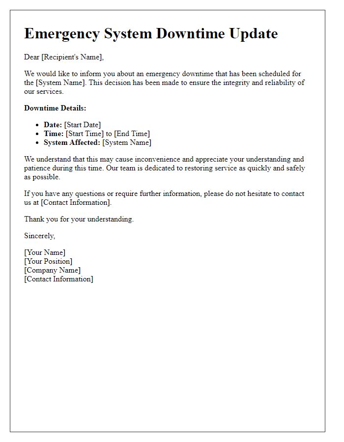 Letter template of emergency system downtime update