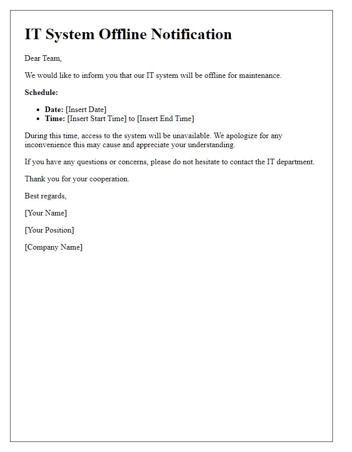 Letter template of IT system offline notification