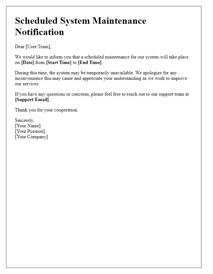 Letter template of scheduled system maintenance notification