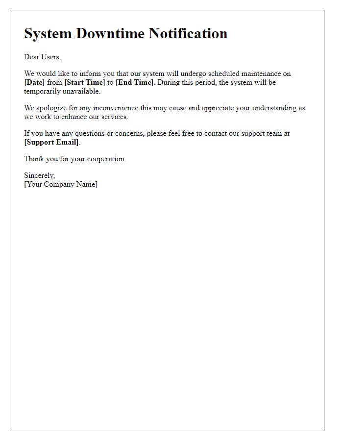Letter template of system downtime alert for users