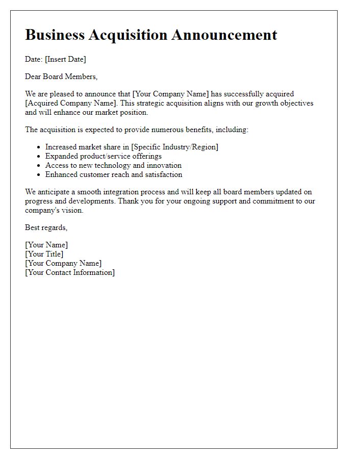 Letter template of business acquisition announcement for board members